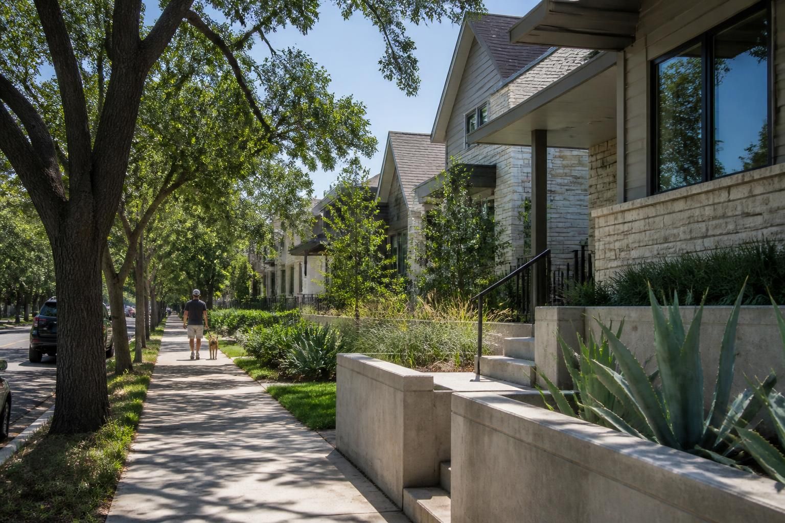 Modern Austin neighborhood with homes and trees.