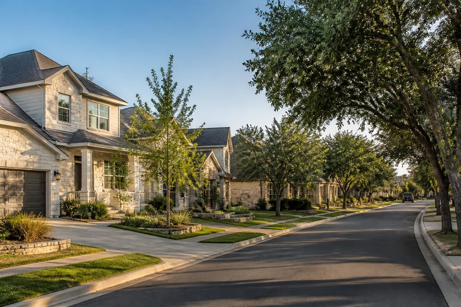 Tree-lined neighborhood with clean homes in Cedar Park.