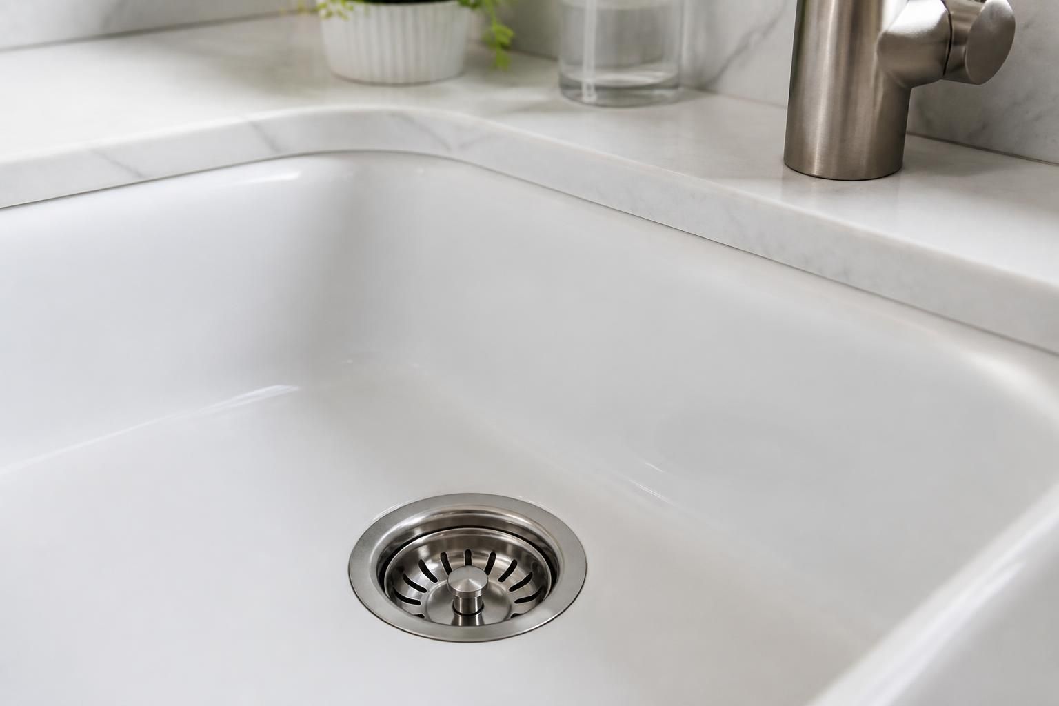 Clean sink drain in a finished kitchen or bathroom.