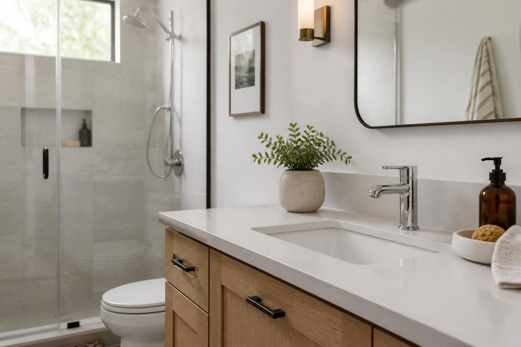 Bright bathroom with polished sink and modern faucet installation.