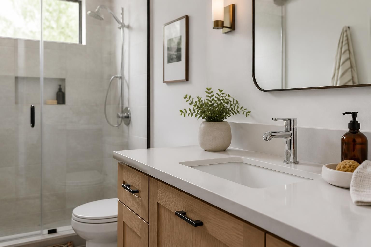 Bright bathroom with polished sink and modern faucet installation.