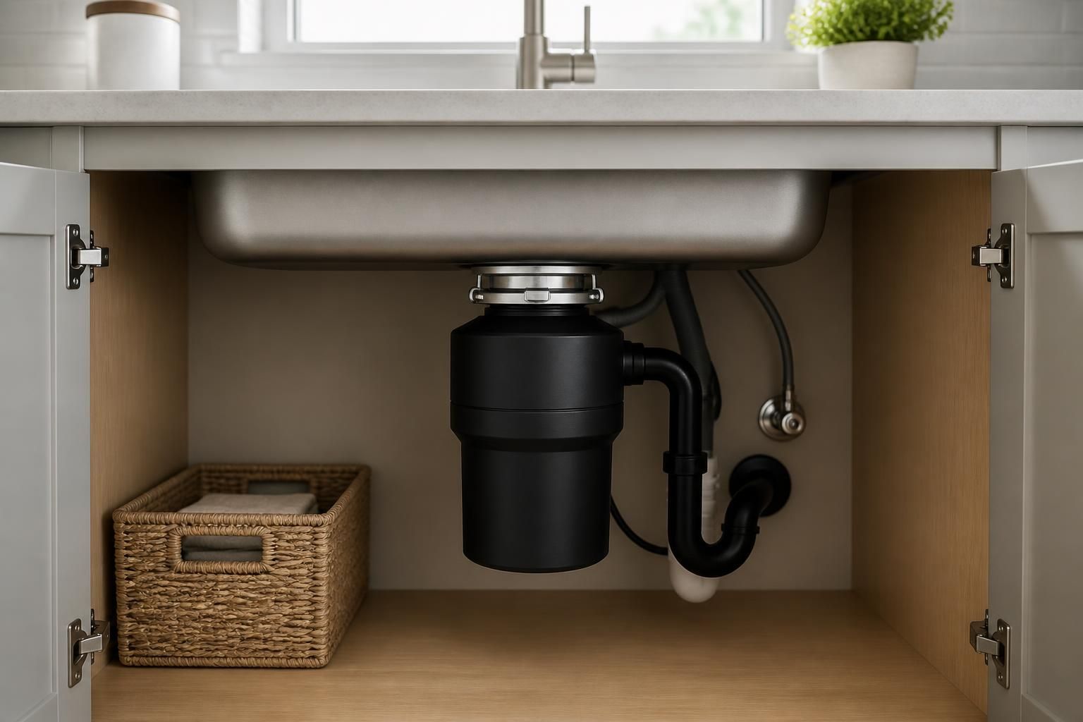 Clean kitchen sink with repaired garbage disposal below.