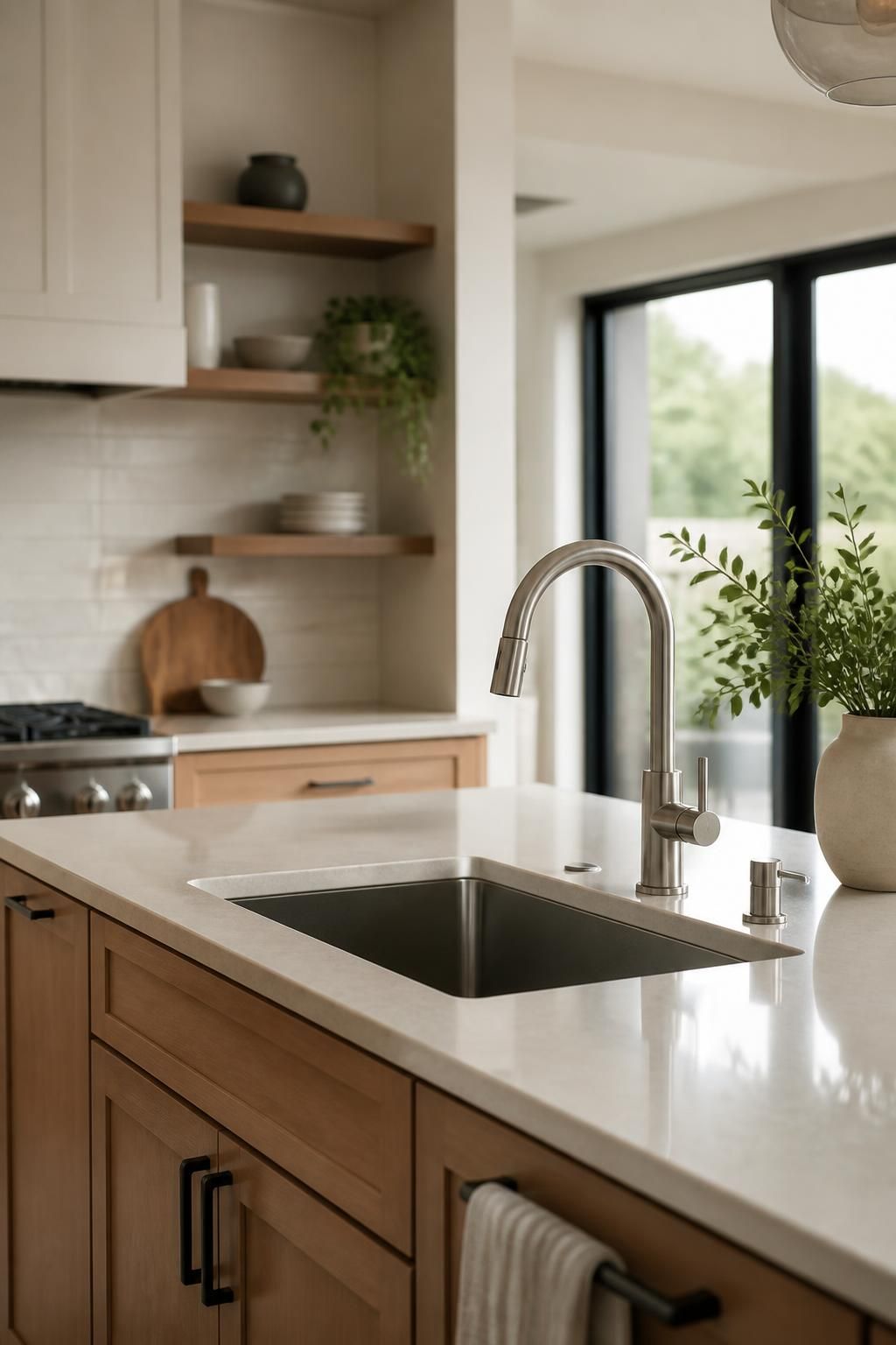 Modern kitchen with clean sink and faucet fixtures.