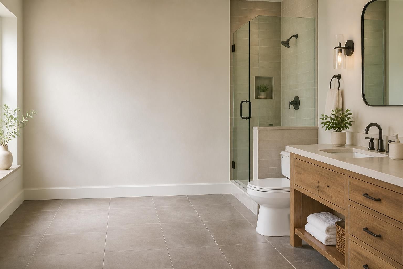 Clean bathroom fixtures with open space for text overlay.